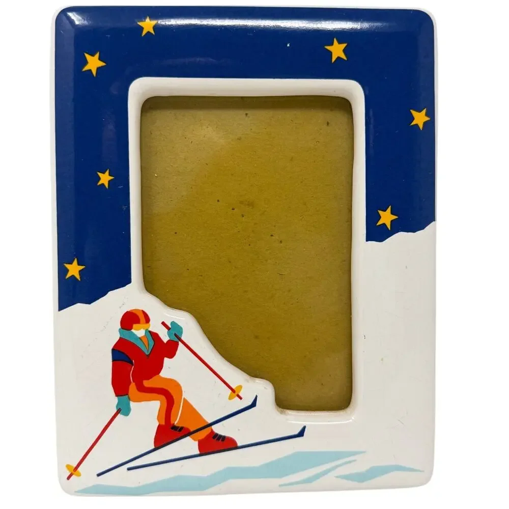Vintage 90s Winter Sports Picture Frame 3x5 Blue Snow Skier Photo Frame